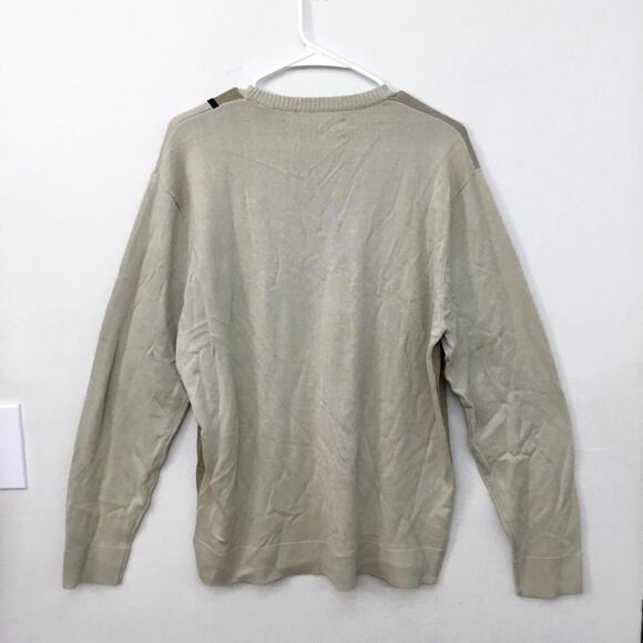 PERRY ELLIS Beige Tan Squares on Front Long Sleeve Crewneck Cotton Sweater Sz L - Picture 2 of 6